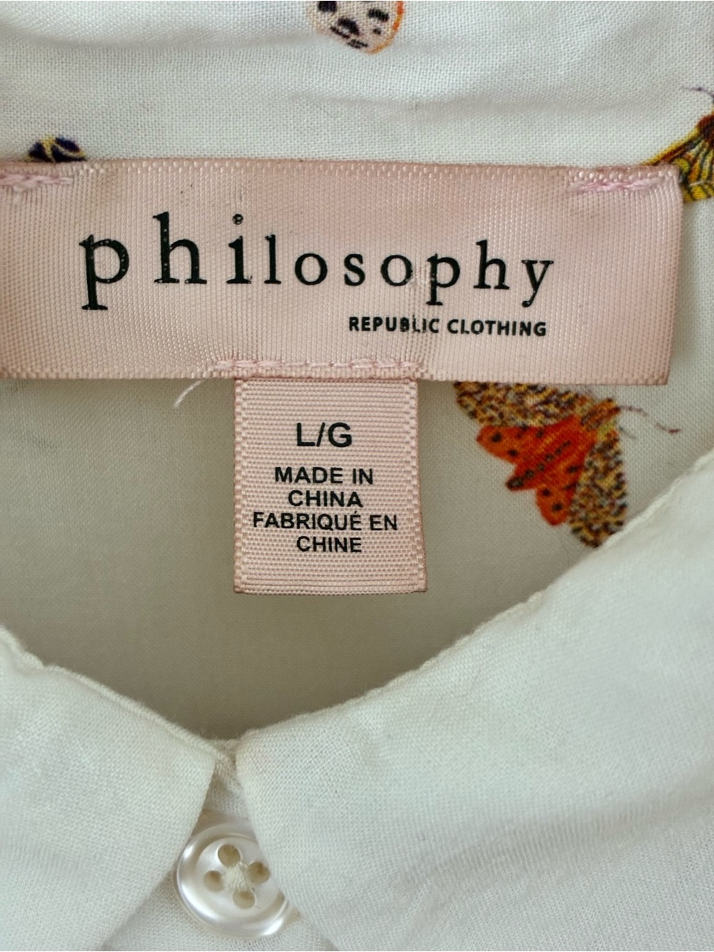 Philosophy White Button-Down Blouse with Multicolor Butterfly Motif Size L - Picture 3 of 4